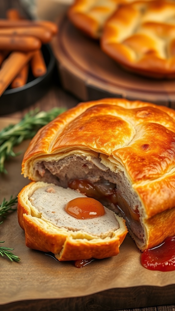 A sliced traditional pork pie revealing its savory pork filling, displayed on a rustic table.